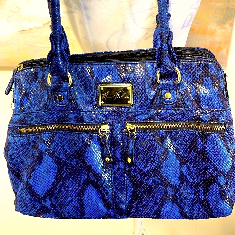 MARC FISHER Faux Snakeskin Shoulder Satchel, 3 Compartments,Navy/Black/Gold Trim - Picture 2 of 12